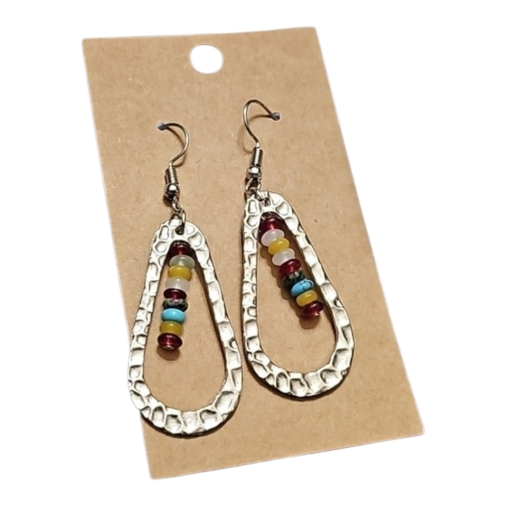 Handmade New Hammered Oval & Beaded Silver Toned Dangle Earrings